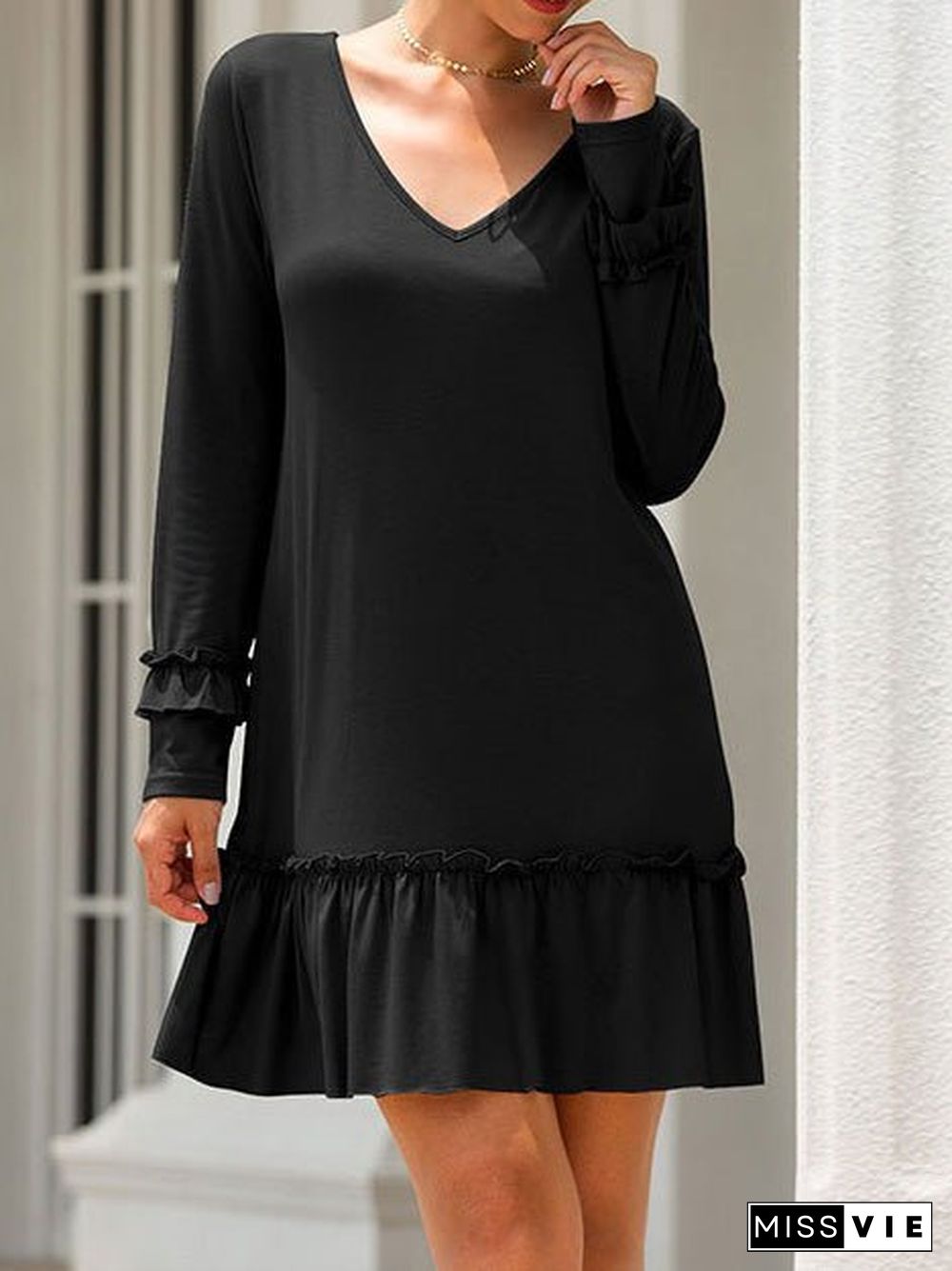 Women'S Dresses Solid V-Neck Ruffle Long Sleeve Dress