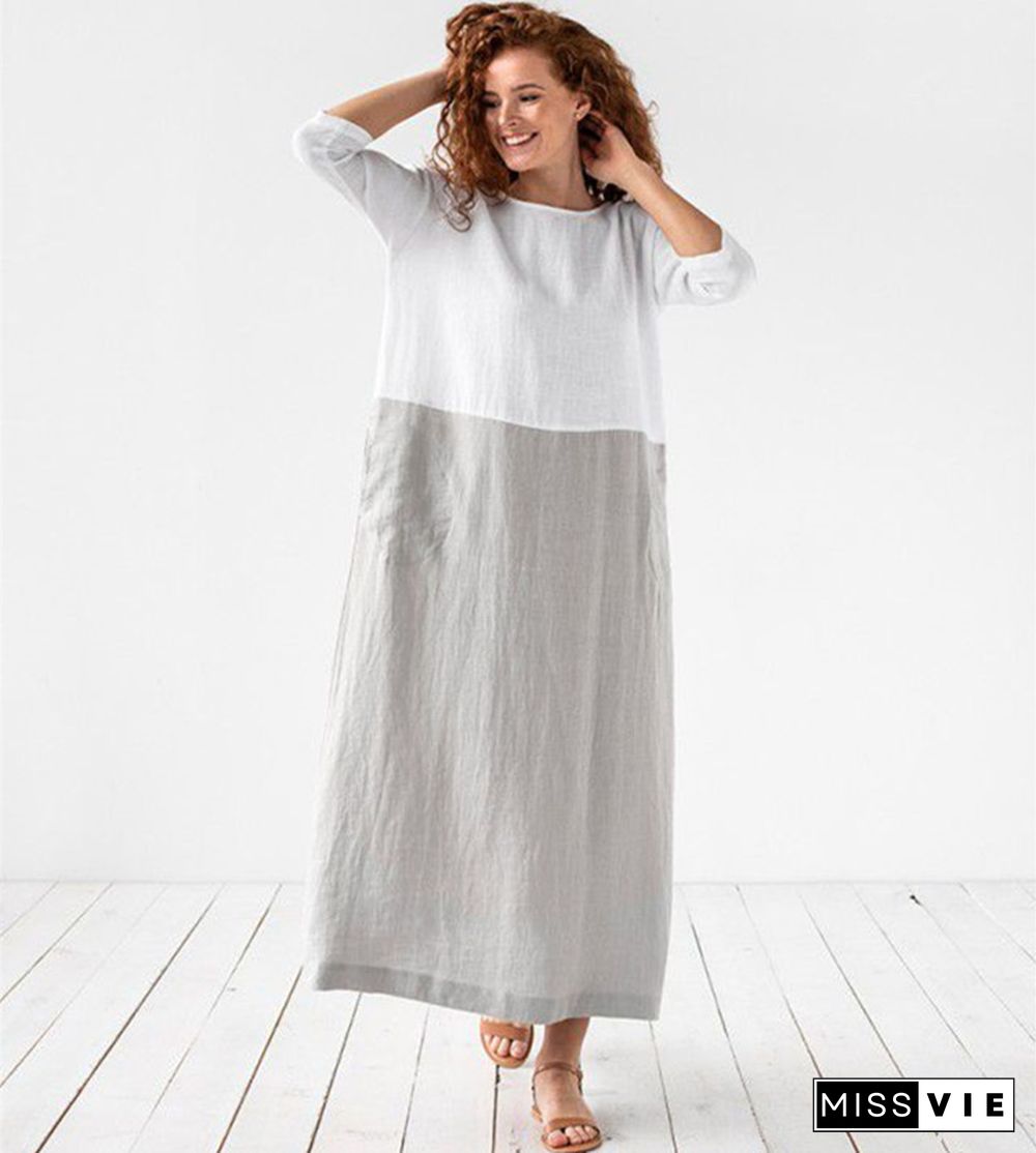 Loose Solid Cotton Linen Patchwork Dress Round Neck Seven Sleeve Skirt