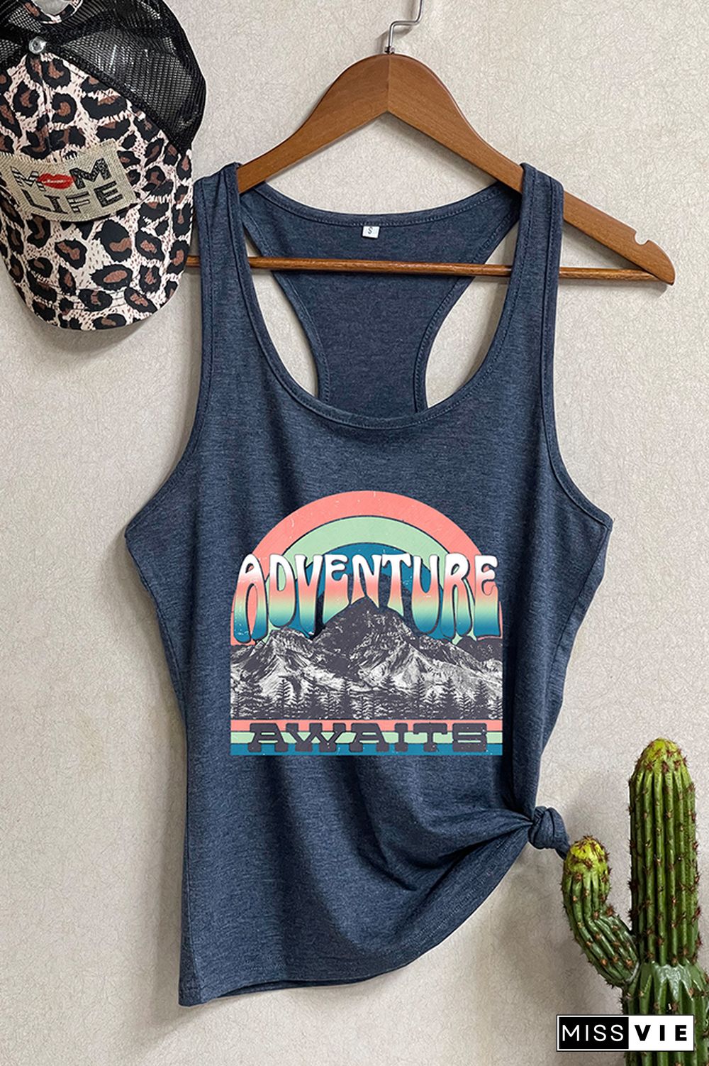 Adventure Awaits Mountains Blue Print Sleeveless Tank Top Wholesale