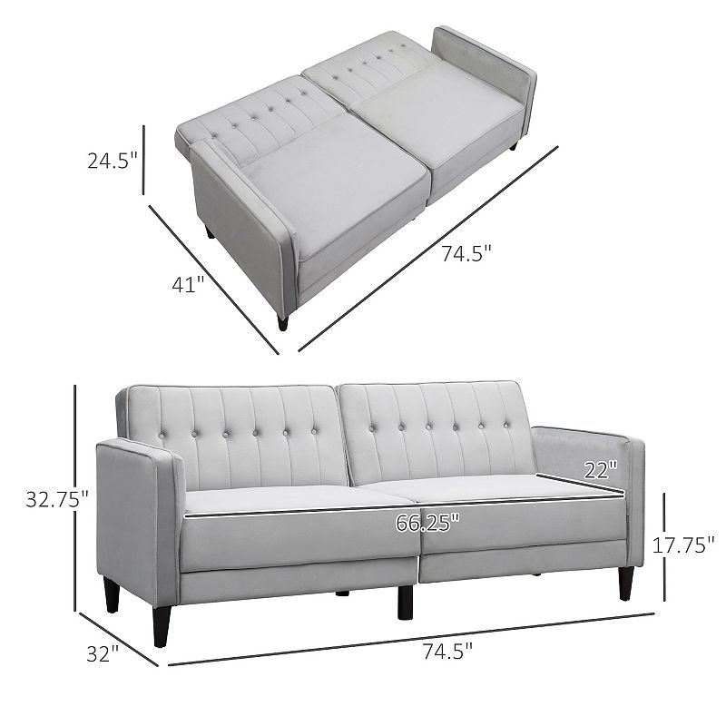 HOMCOM Convertible Sleeper Sofa， Futon Sofa Bed with Split Back Design Recline， Thick Padded Velvet-Touch Cushion Seating and Wood Legs， Light Grey