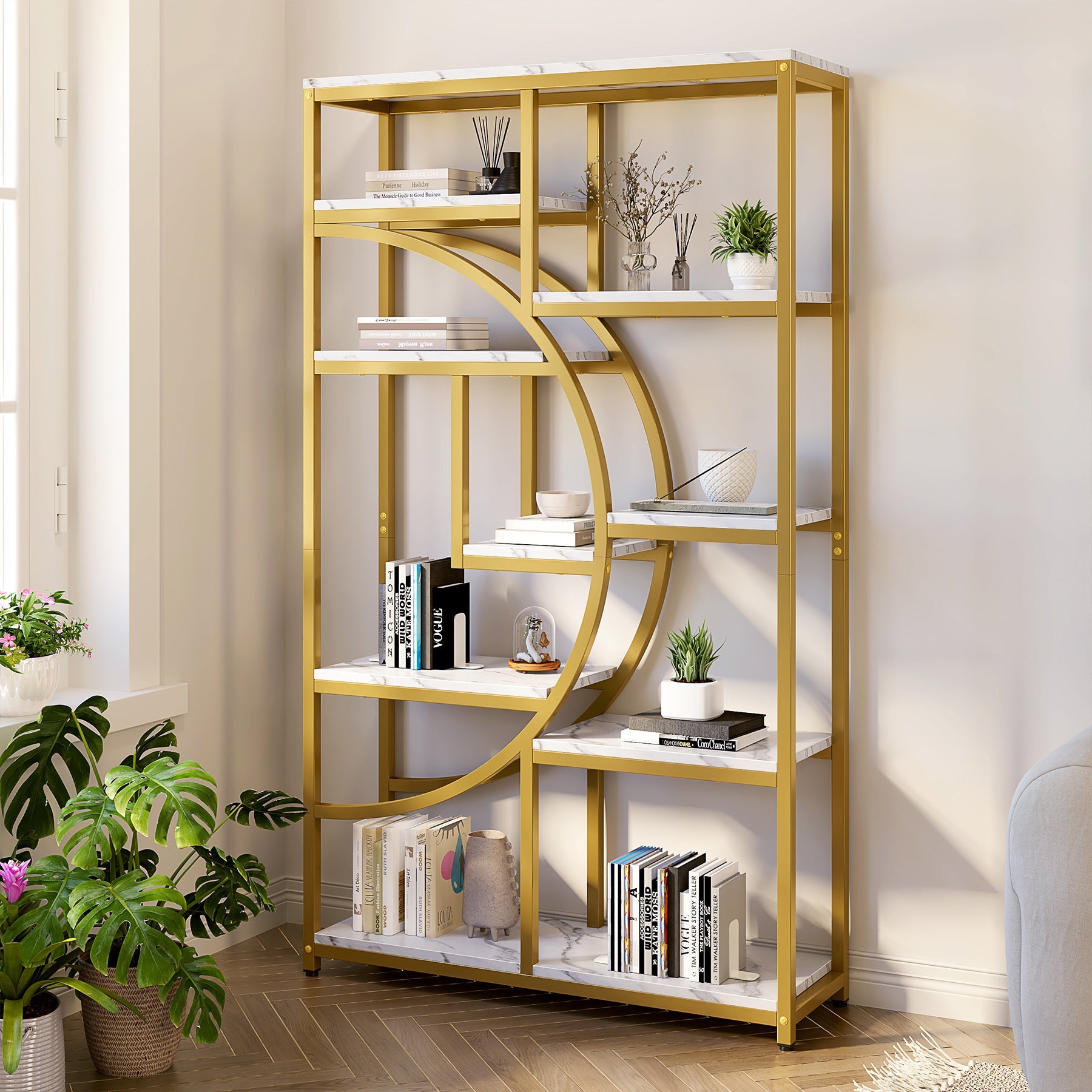 Freestanding Bookshelf, 68.9 Etagere Bookcase with 9 Open Shelves