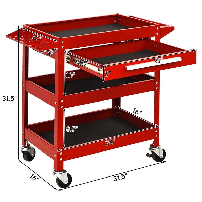 3 Tier Rolling Tool Cart Organizer, 330 lbs Industrial Service Cart Heavy Duty Utility Cart with Storage Drawer