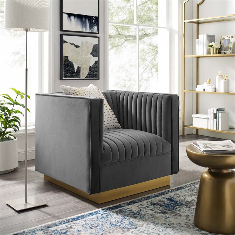 Modway Sanguine Vertical Channel Tufted Performance Velvet Armchair in Gray   Contemporary   Armchairs And Accent Chairs   by Homesquare  Houzz