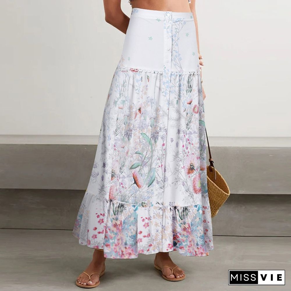 Women Summer Elastic Waist Floral Printed Beach Loose Long Skirts Ruffled Hem Dresses