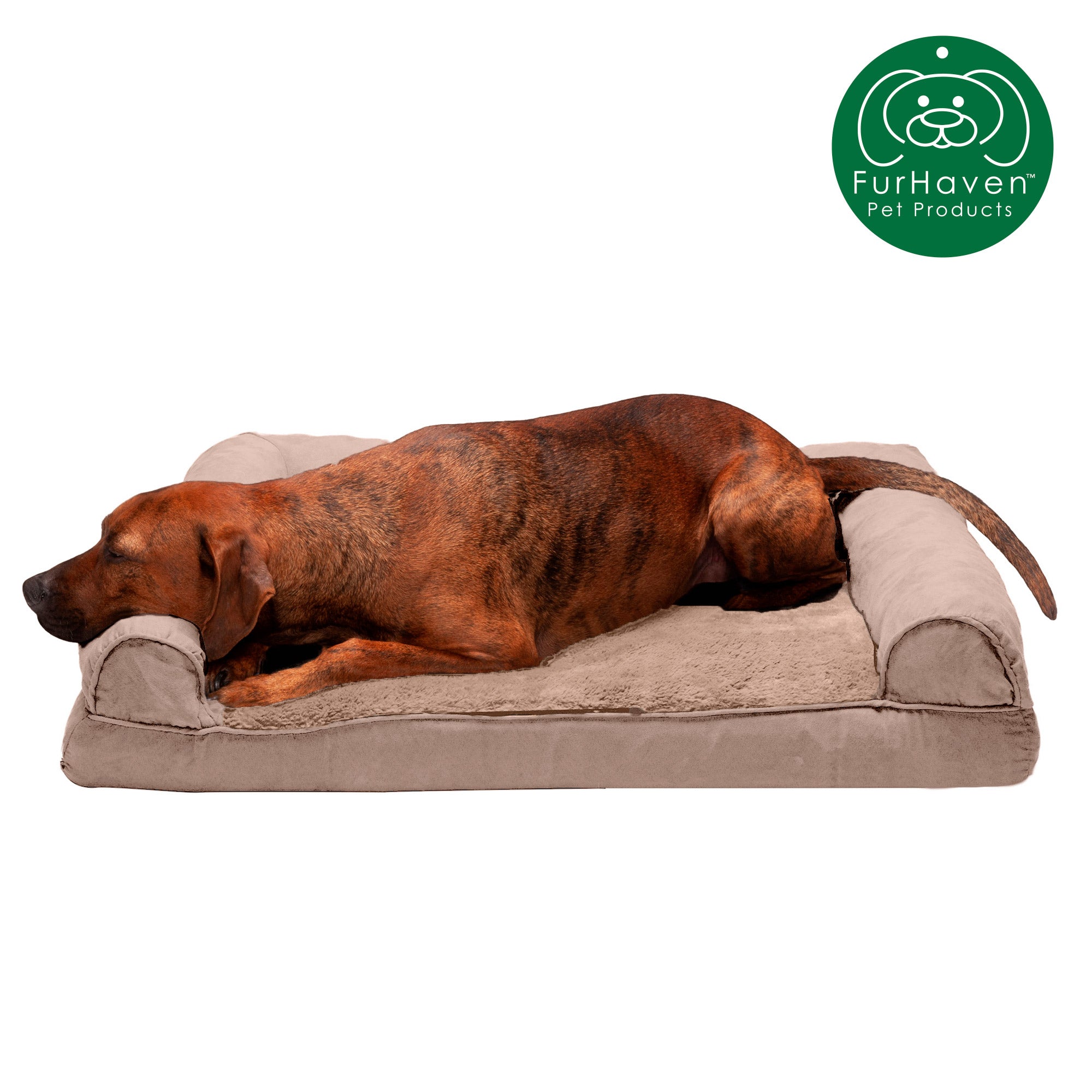 FurHaven Pet Products | Full Support Orthopedic Plush & Suede Sofa-Style Pet Bed for Dogs & Cats, Almondine, Large