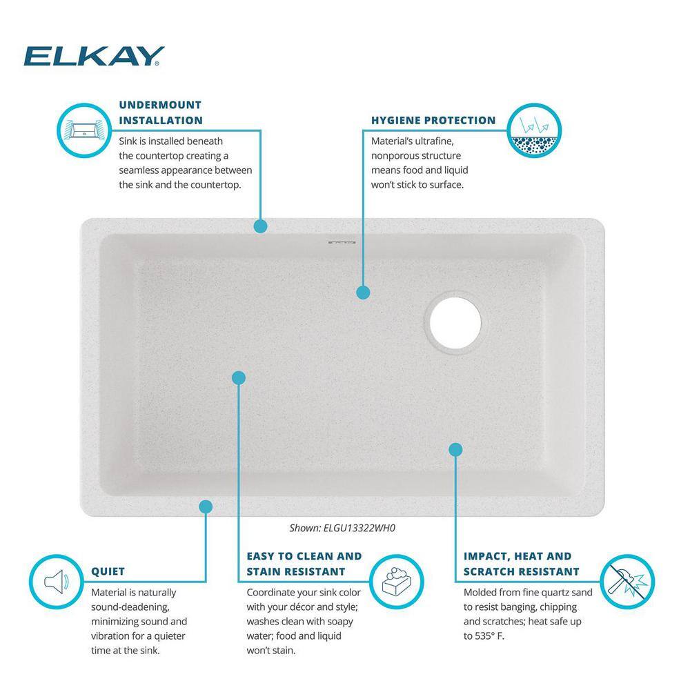 Elkay Quartz Classic White Quartz 33 in. Single Bowl Undermount Kitchen Sink ELGU13322WH0