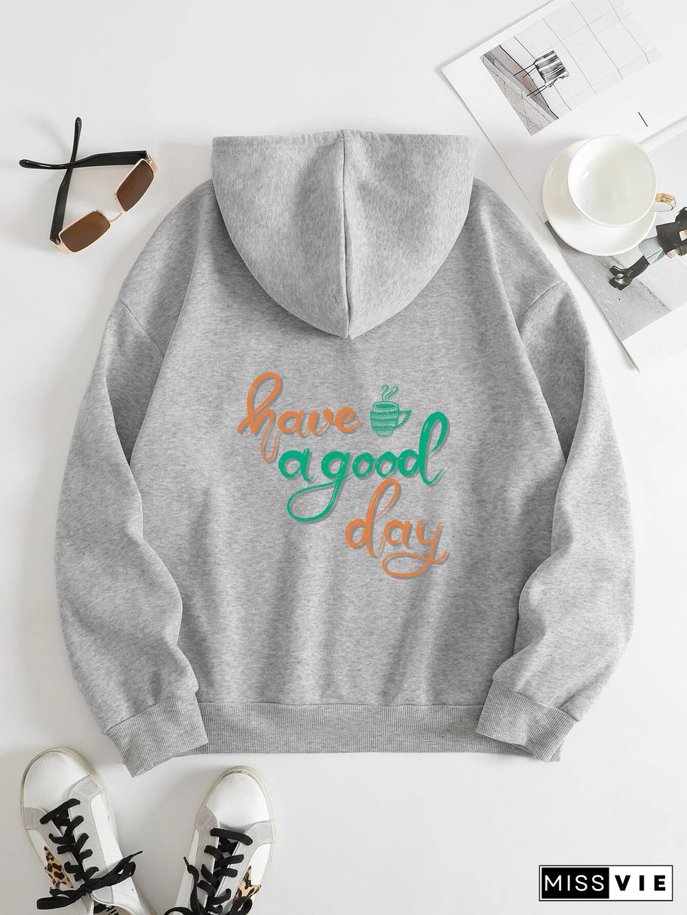 Printed on the Back Kangaroo Pocket Hoodie Long Sleeve for Women Pattern Have a Good Day