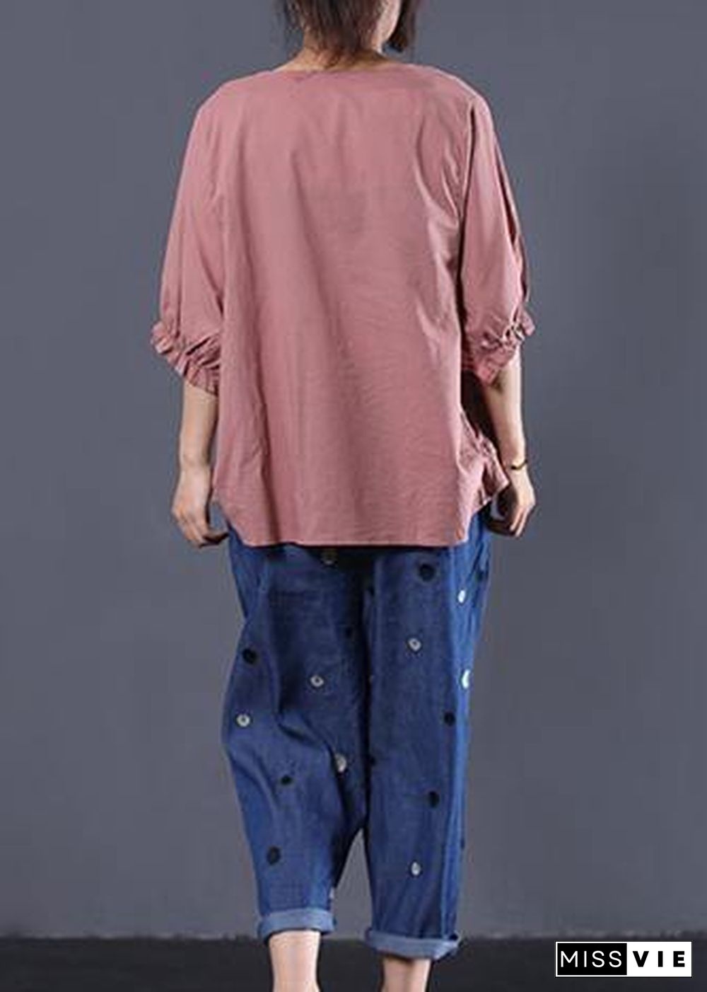 Handmade o neck cotton Long Shirts Inspiration pink prints top summer