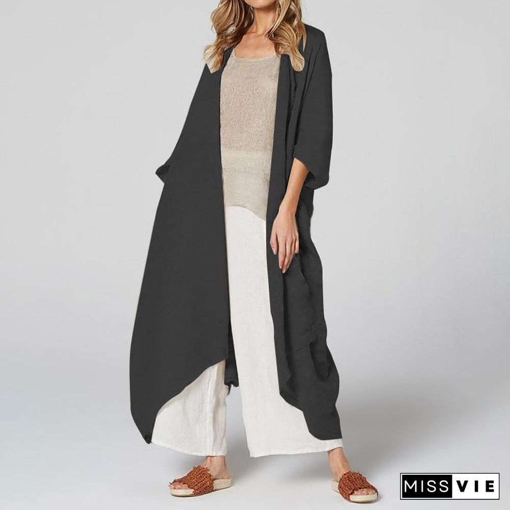 Women Summer Vintage Beach Cover Up Solid Belted Casual Loose Blouse Plus Size Cardigan Kimono Linen