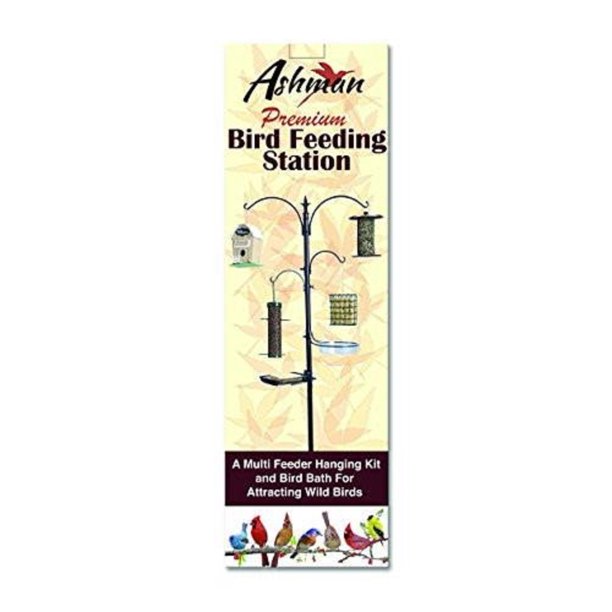 Premium Bird Feeding Station for Outside -22 inch Wide x 92 inch， Tall Multi Feeder Pole Stand Hanger， Black Color， with 4 Bird Feed Hanger and 5 Prong Base for Attracting Wild Birds，Hummingbirds