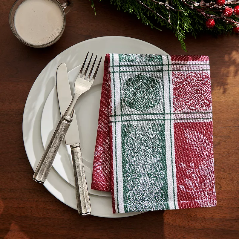 Elrene Home Fashions Poinsettia Plaid Jacquard Plaid Napkins， Set of 8