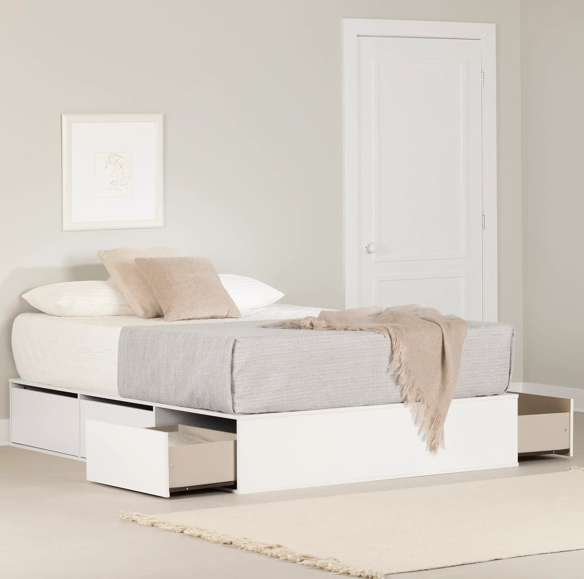 Fusion White Queen Platform Bed with Six Drawers for Storage - South Shore