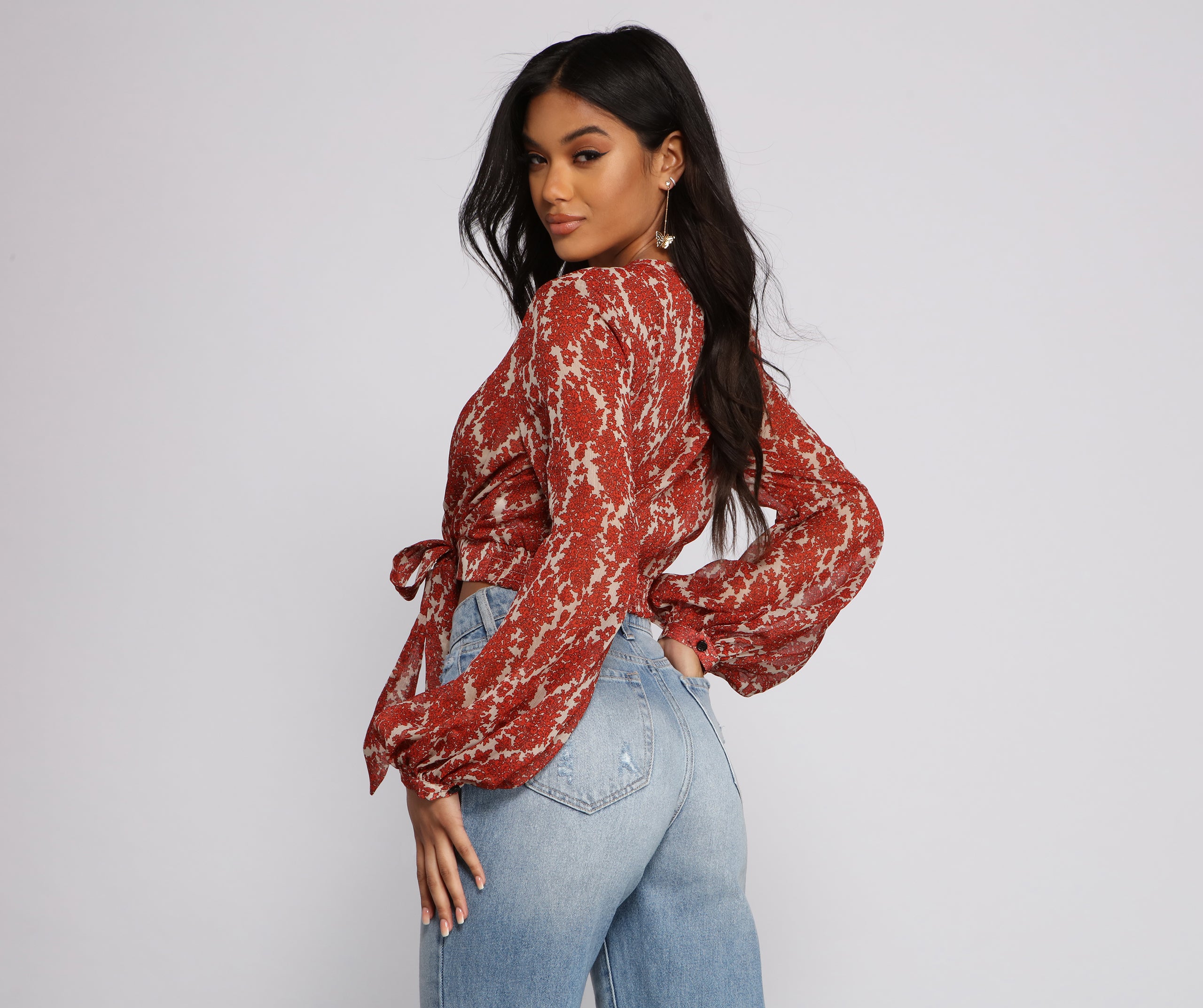 Fall Floral Wrap Front Crop Top