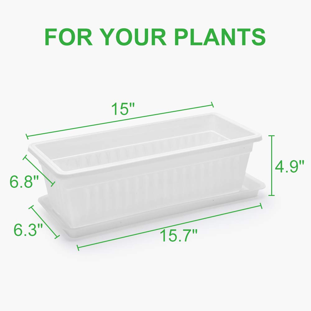 GROWNEER 3 Packs 15 Inches White Flower Window Box Plastic Vegetable Planters with 15 Pcs Plant Labels, for Windowsill, Patio, Garden, Home Décor, Porch