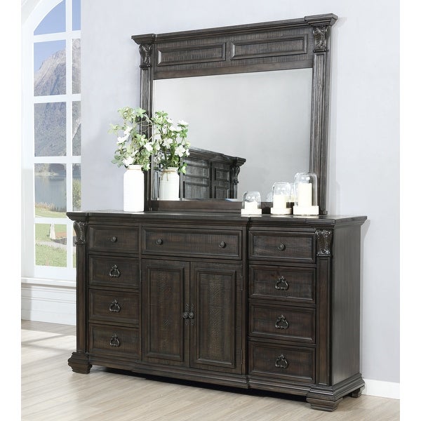 Roundhill Furniture Farson Distressed Dark Walnut Finish Wood Dresser Mirror with Door - - 33084957