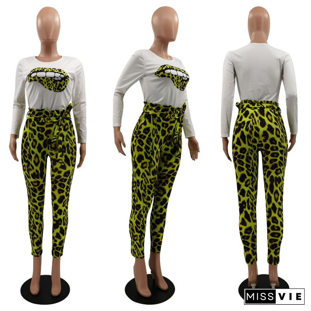 Leopard Print Long Sleeve T-shirt Pencil Pants Two-piece Set