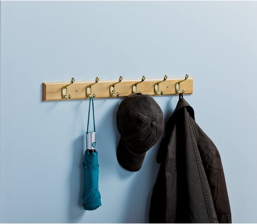 Franklin Brass 27 In. Hook Rail W/6 Heavy Duty Coat And Hat Hooks， Lacquered Pine and Brass Plated