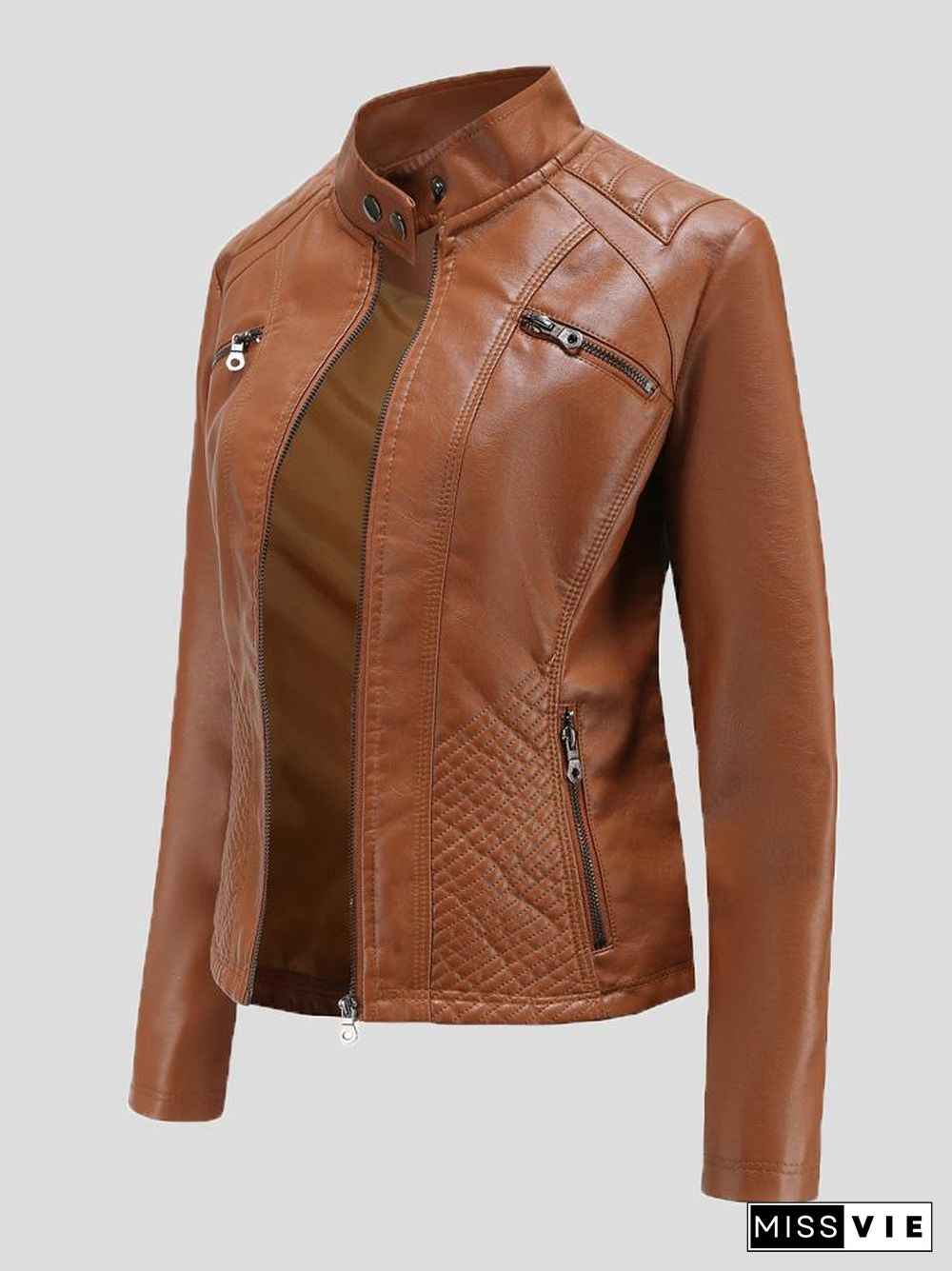 Women's Jackets Casual Stand-Collar Slim Solid Leather Jacket