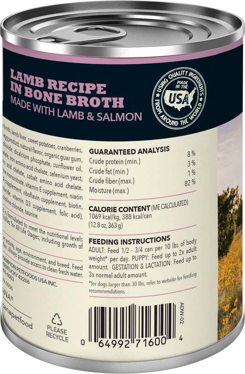 ACANA Premium Chunks Lamb Recipe in Bone Broth Grain-Free Wet Dog Food， 12.8-oz can， case of 12