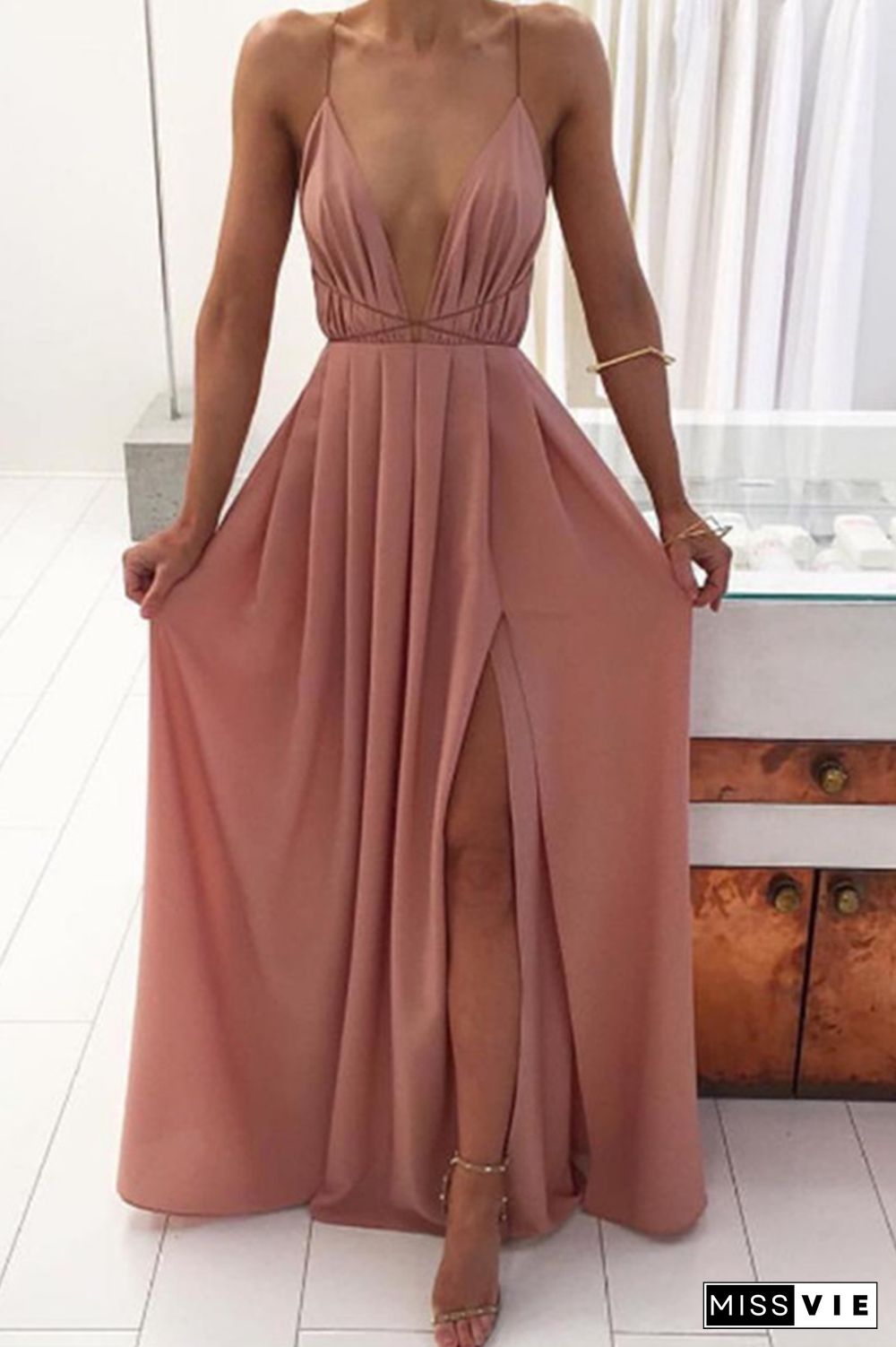 Casual Solid Split Joint V Neck Waist Skirt Dresses