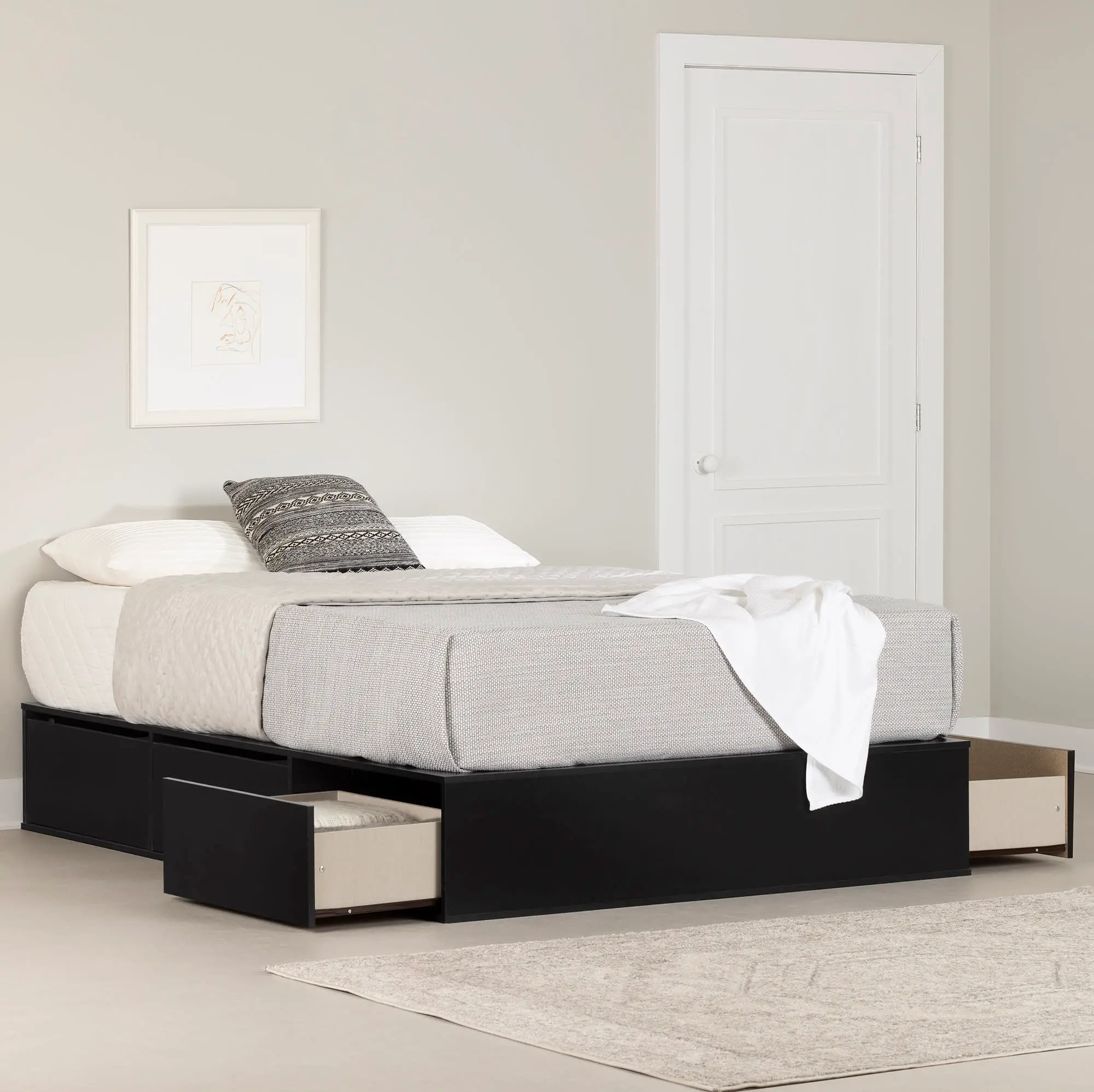 Fusion Black Queen Platform Bed with Six Drawers for Storage - South Shore