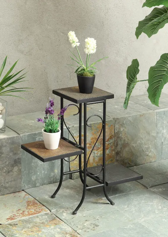 Slate Stone and Black Metal 3 Tier Plant Stand