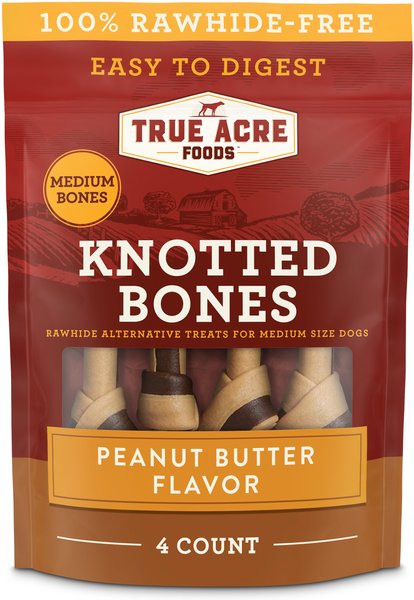 True Acre Foods Rawhide-Free Knotted Bones Peanut Butter Flavor Treats， Medium， 4 count