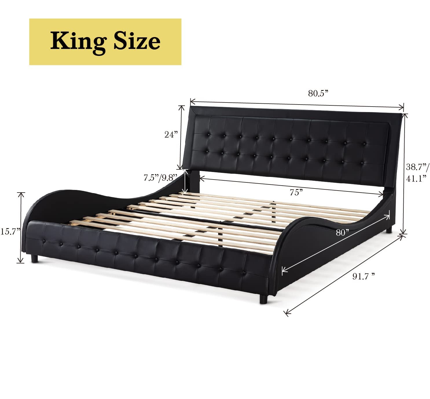 Einfach King Size Bed Frame with Adjustable and Button-Tufted Headboard, Black