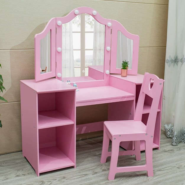 Onesstop Kids Vanity Princess Makeup Desk Dressing Table With Tri fold Mirror amp Storage Shelves pink