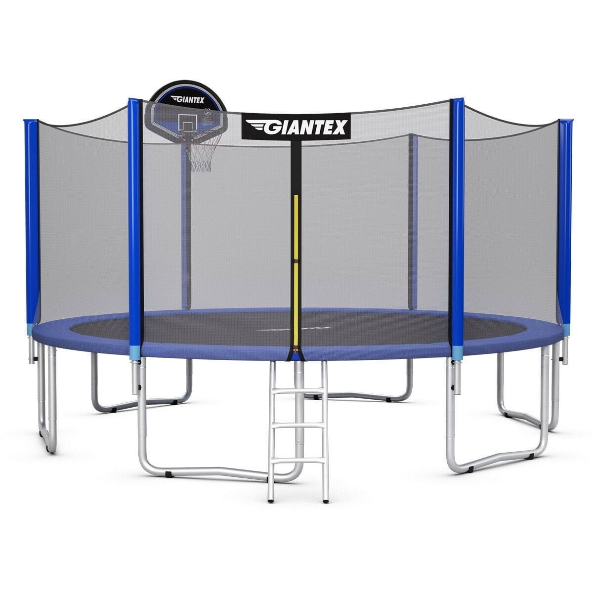 15ft Round Outdoor Enclosed Trampoline with Safety Enclosure Net and Basketball Hoop