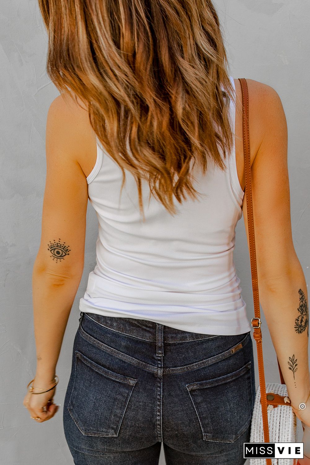 White Split Neck Ribbed Knit Tank Top