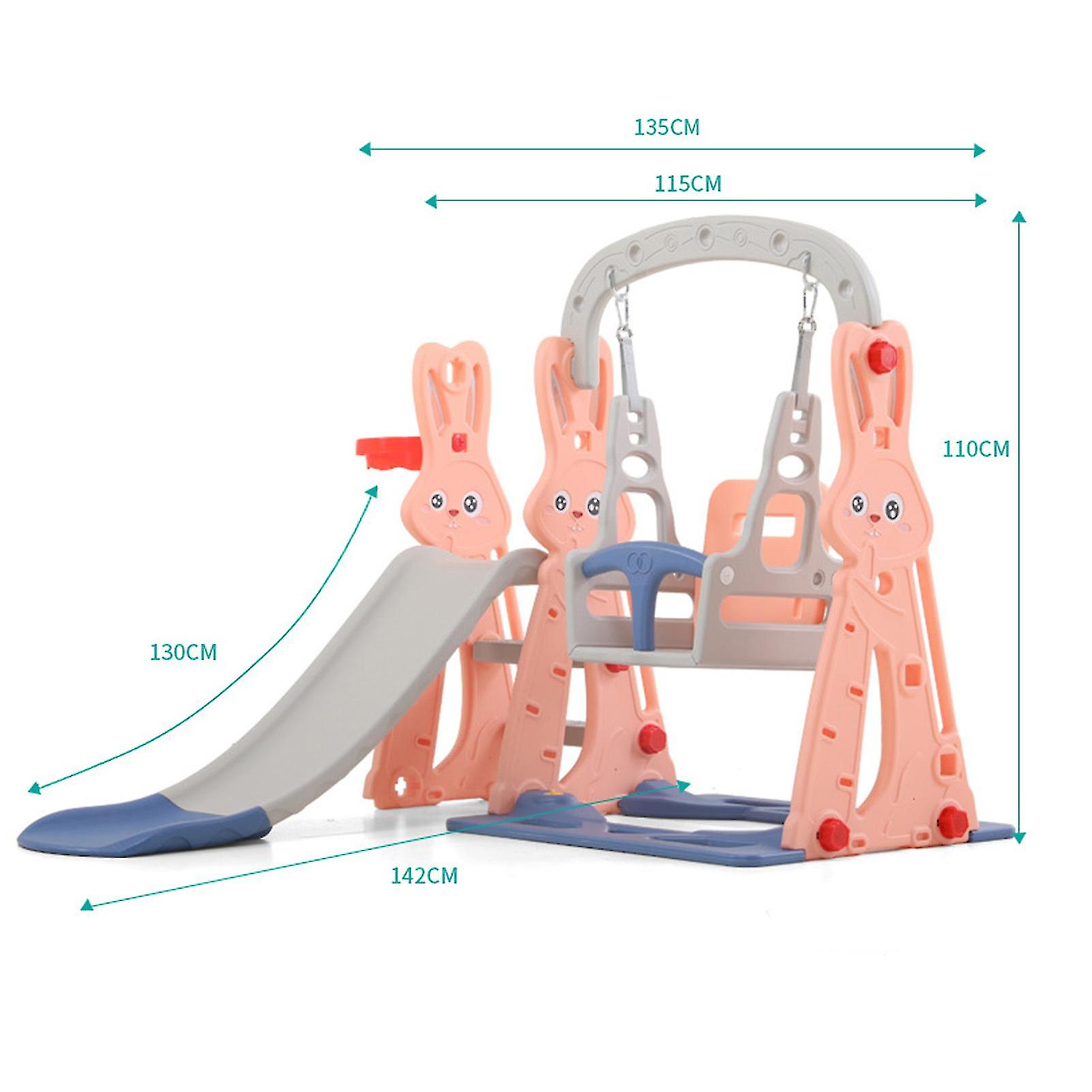 Baby Slide Swing Set Home Indoor Cute Rabbit Pattern Toddler Slide Playset with Basketball Hoop Flesh Pink