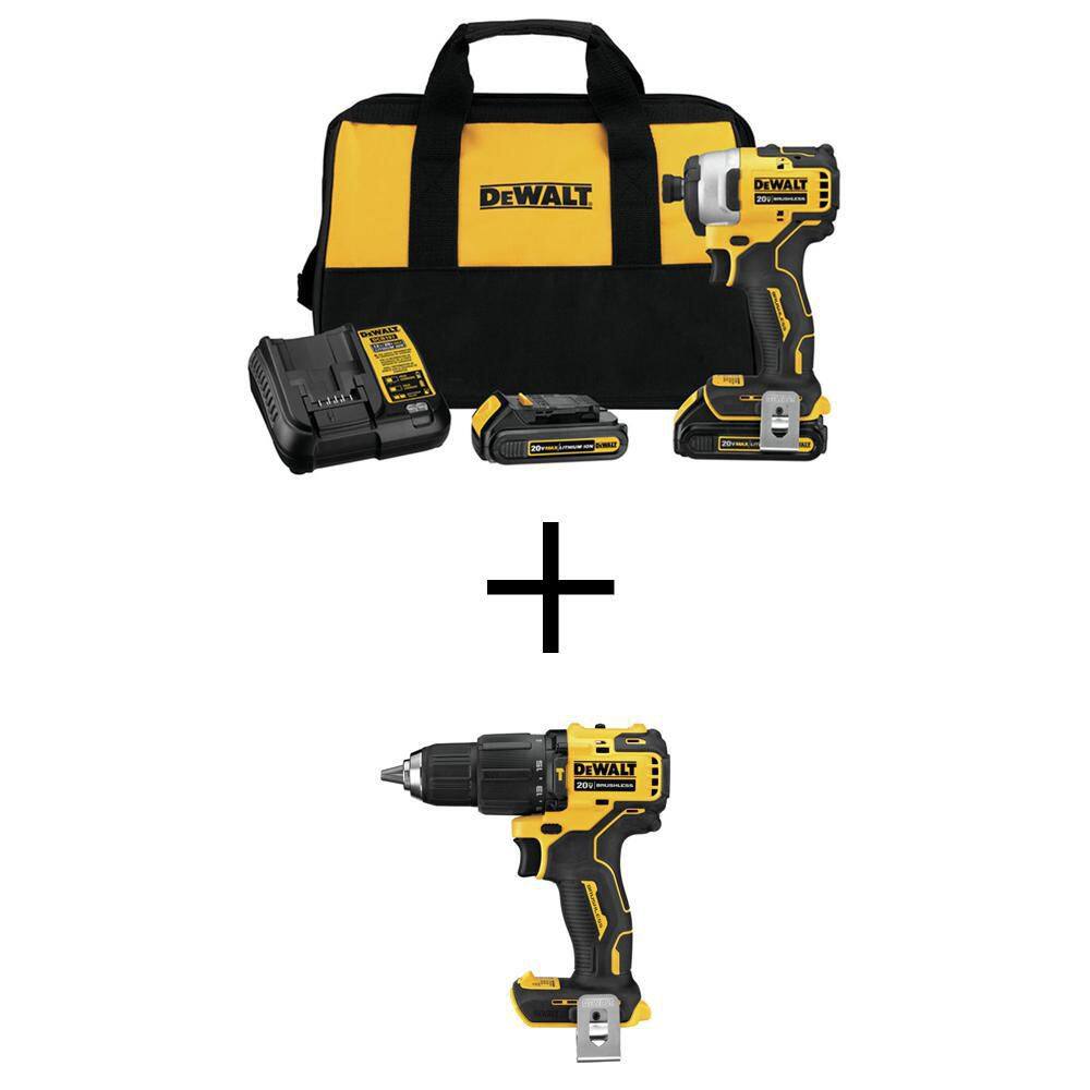 DW ATOMIC 20V MAX Cordless Brushless Compact 14 in. Impact Driver Kit and ATOMIC Brushless Compact 12 in. Hammer Drill DCF809C2WCD709B