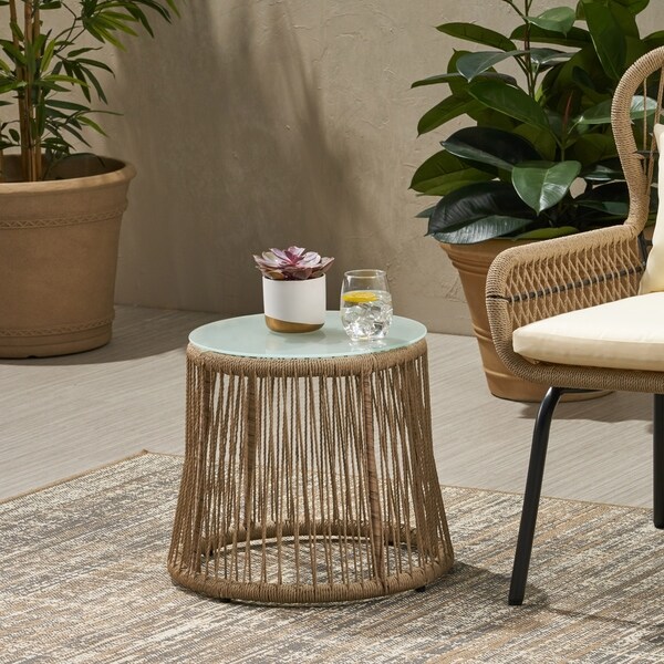 Southport Outdoor Steel and Rope Side Table with Tempered Glass Table Top by Christopher Knight Home