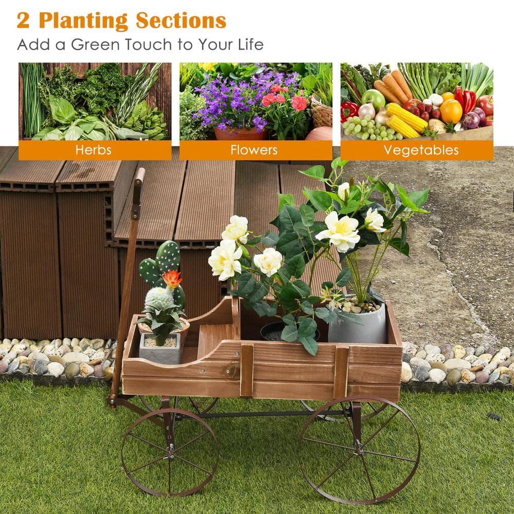 HONEY JOY Wooden Garden Flower Planter Wagon Wheel Plant Bed Decorative Garden Planter for Backyard Garden Brown TOPB004892