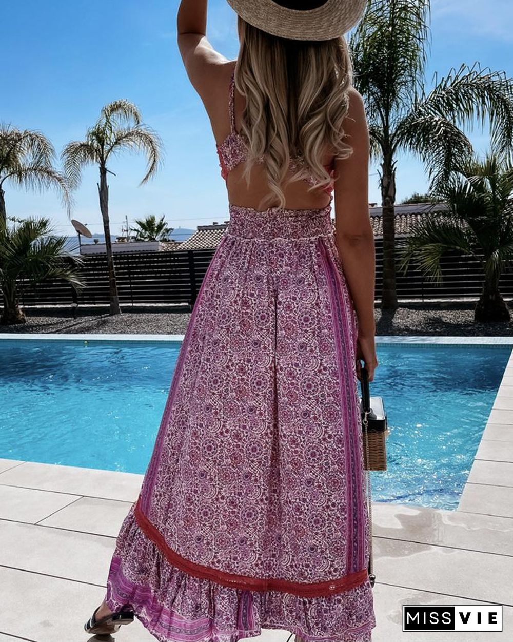 Floral Print Ruffle Tie Back Bohemian Maxi Dress P11908