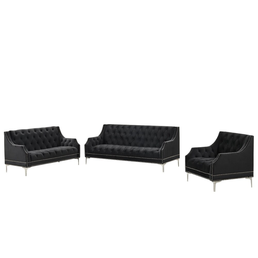 3 Piece Sofa Set Frosted Velvet Upholstered Sofa  Three Seater Sofa  Double Seater   Single Chair with Nailhead Trim Design