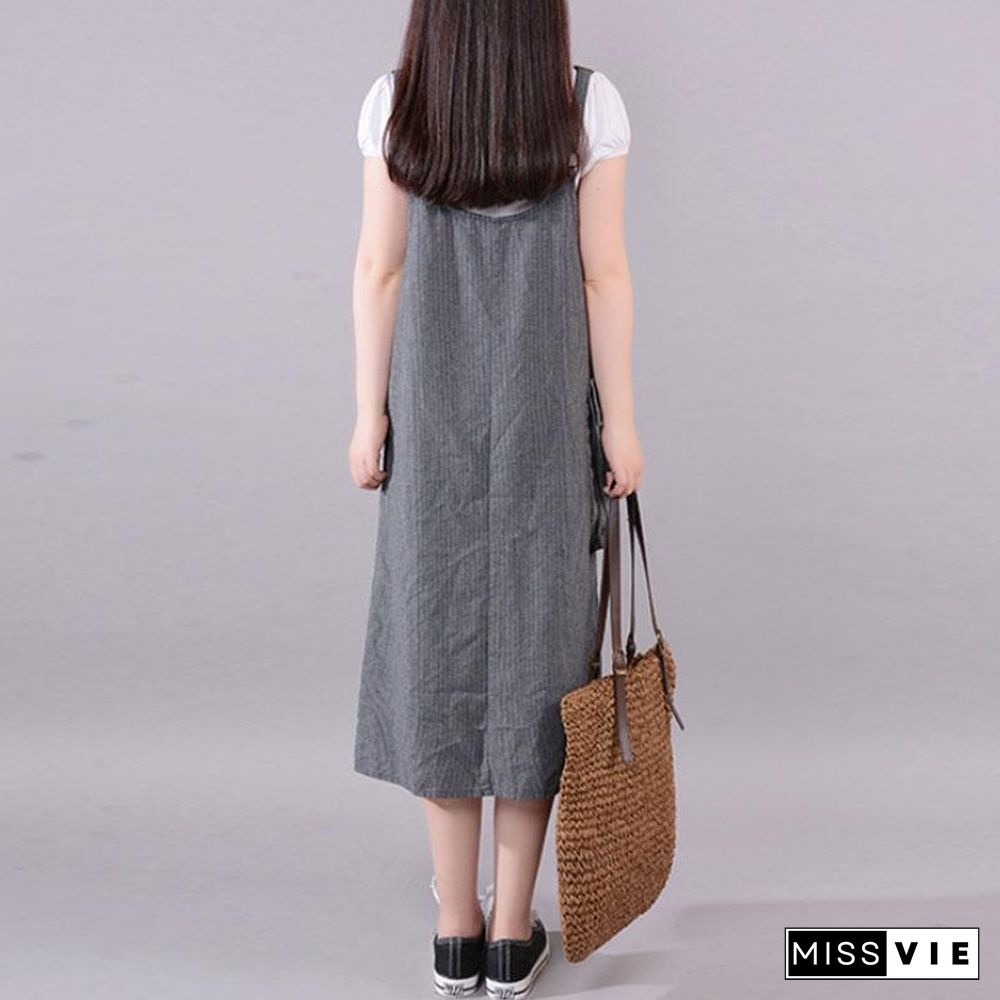 fashion long cotton blended dress Loose fitting Casual Summer Stripe Big Pocket Loose Suspender Gray Dress