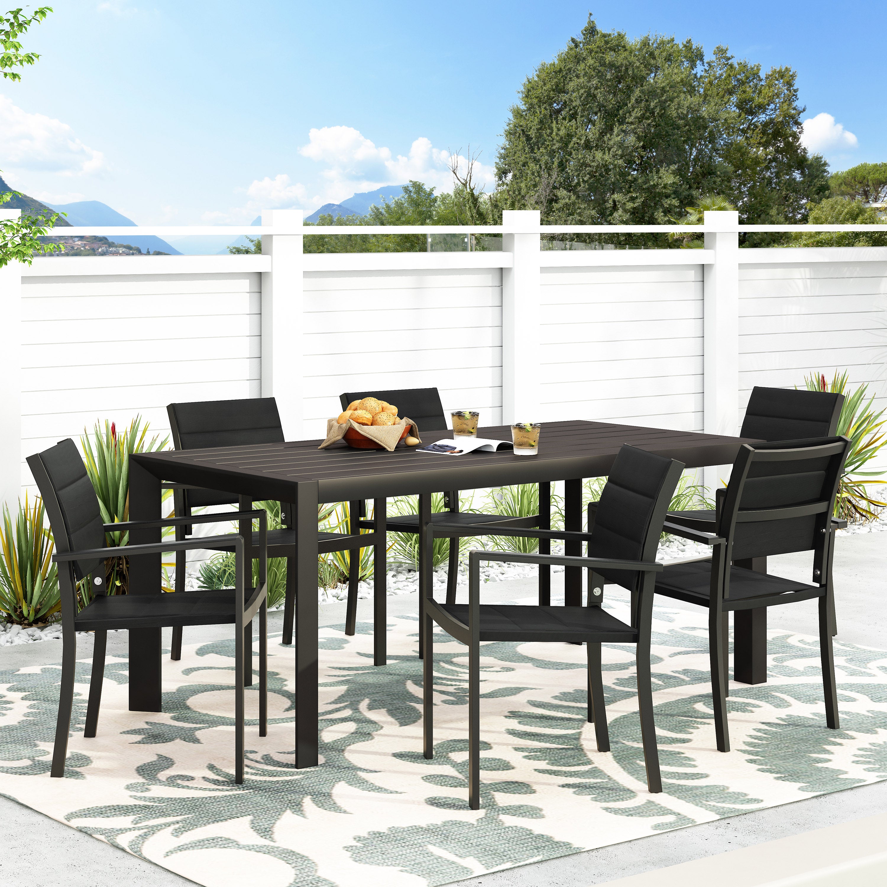 Bellomy Outdoor Mesh and Aluminum 7 Piece Dining Set, Black