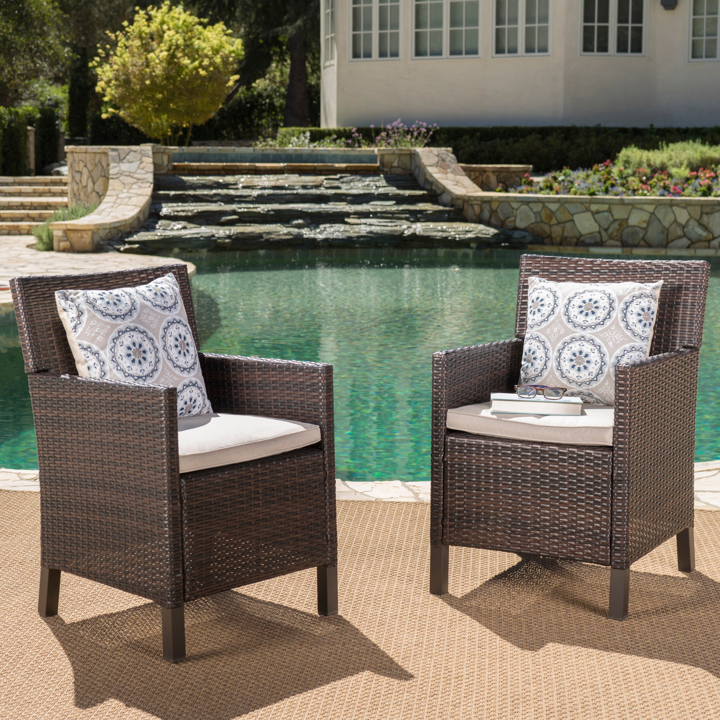 Cyrus Outdoor Wicker Dining Chairs with Water Resistant Cushions (Set of 2)