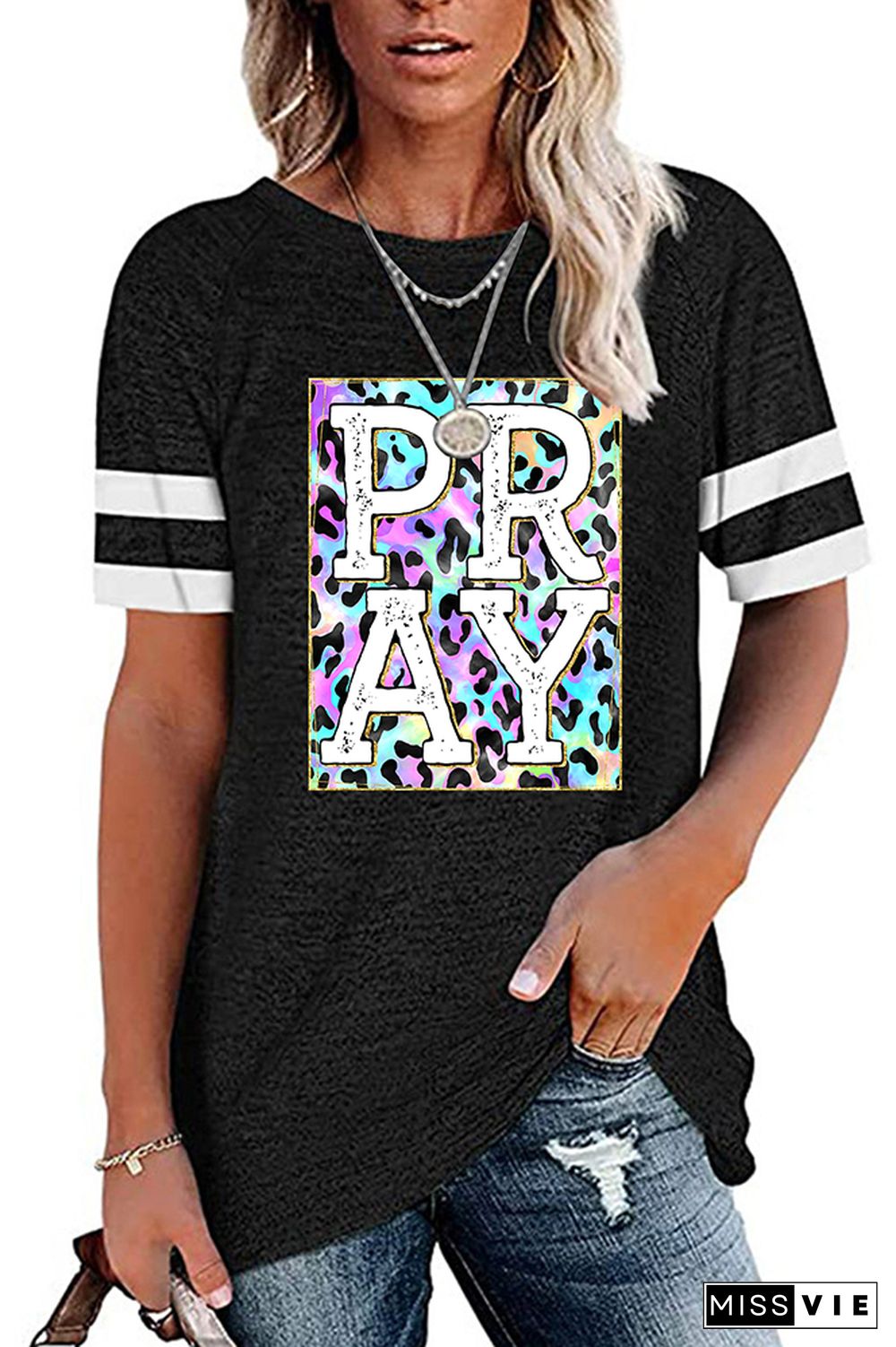 Pray Colorful Leopard Graphic Tee Wholesale