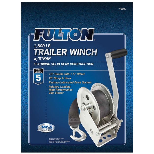 Fulton 142305 Universal Single Speed Towing Winch With 20 Feet Strap And Hook Comfortable Grip Handle 1800 Pound Capacity