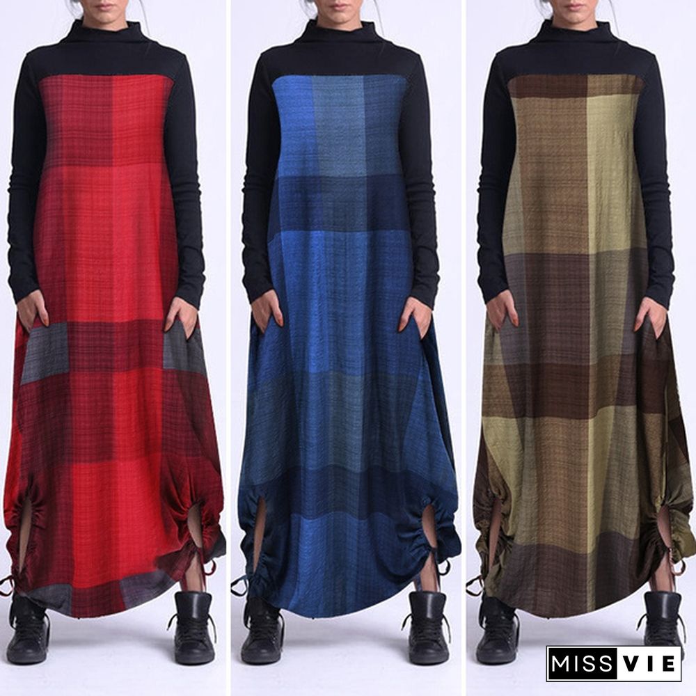 Casual Women Winter Fashion Jumper Dress Plus Size Long Sleeve Mock Neck Irregular Hem Baggy Plaid Dress Pullover Sweatshirts