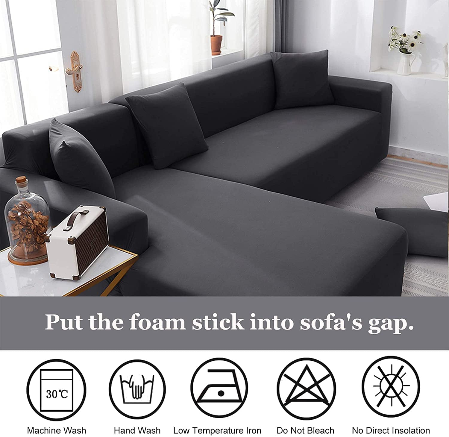 LA MEACK Sofa Slipcover for L-Shaped Sectional Couch Covers 2-Piece Sofa Cover Furniture Protector Stretch Couch Slipcover with 2 pcs Pillow Covers(Dark Grey)