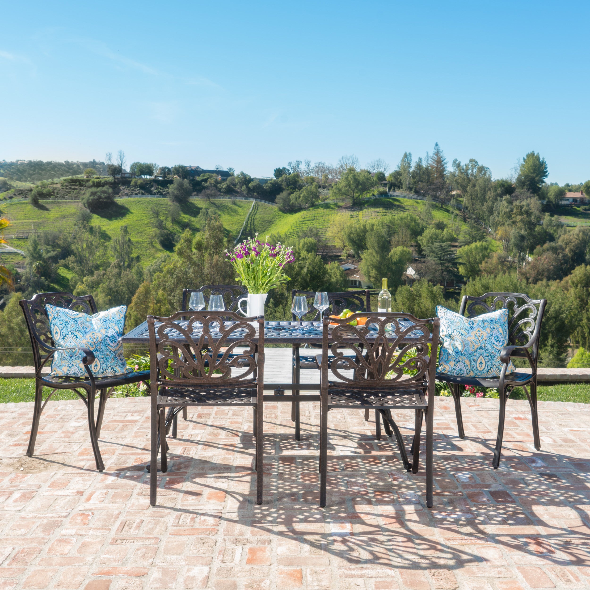 Fonzo Outdoor 7 Piece Bronze Cast Aluminum Rectangular Dining Set