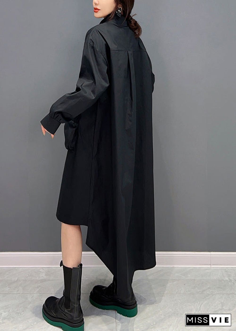 Black Peter Pan Collar Low High Design Maxi Shirts Dress Long Sleeve