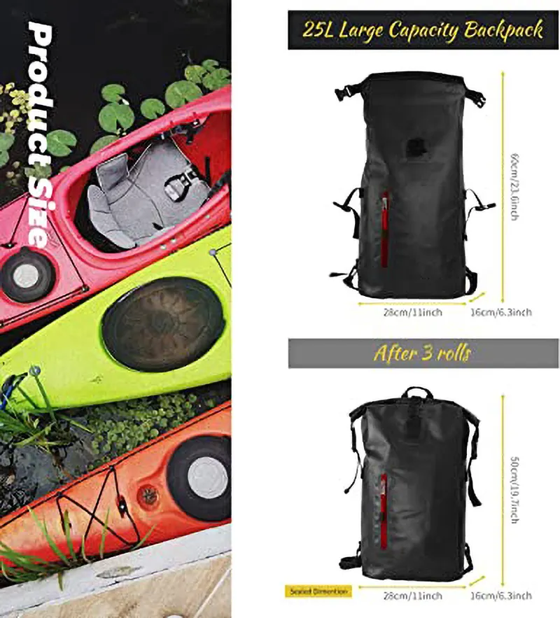 OEM ODM 25L Backpack 100% Waterproof Roll Top Bag Backpack Dry Bag for Hiking Camping Outdoor