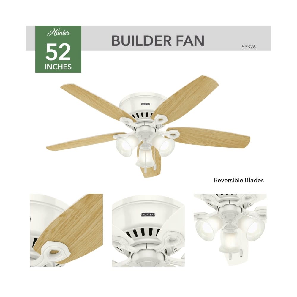 Hunter Builder Ceiling Fan 52 LED Indoor Snow White/Light Oak ;