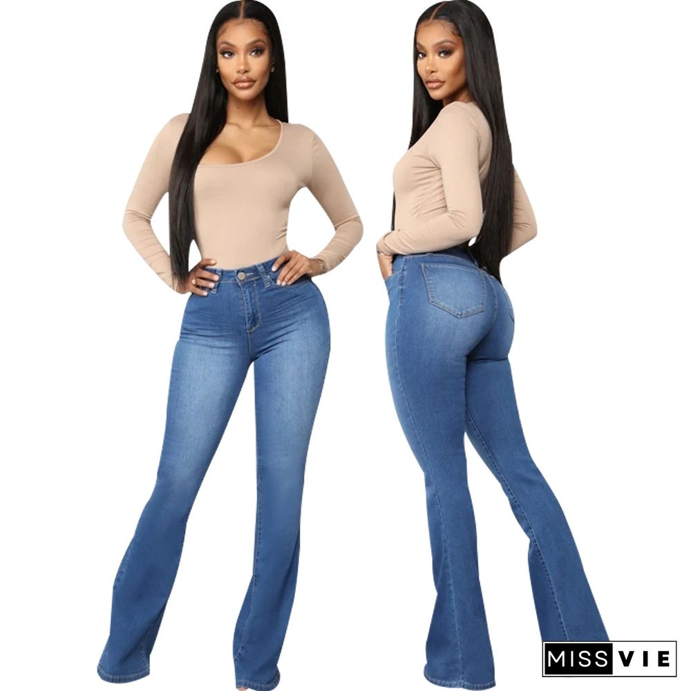 High Waist Full Length Slim Flare Jeans Pants