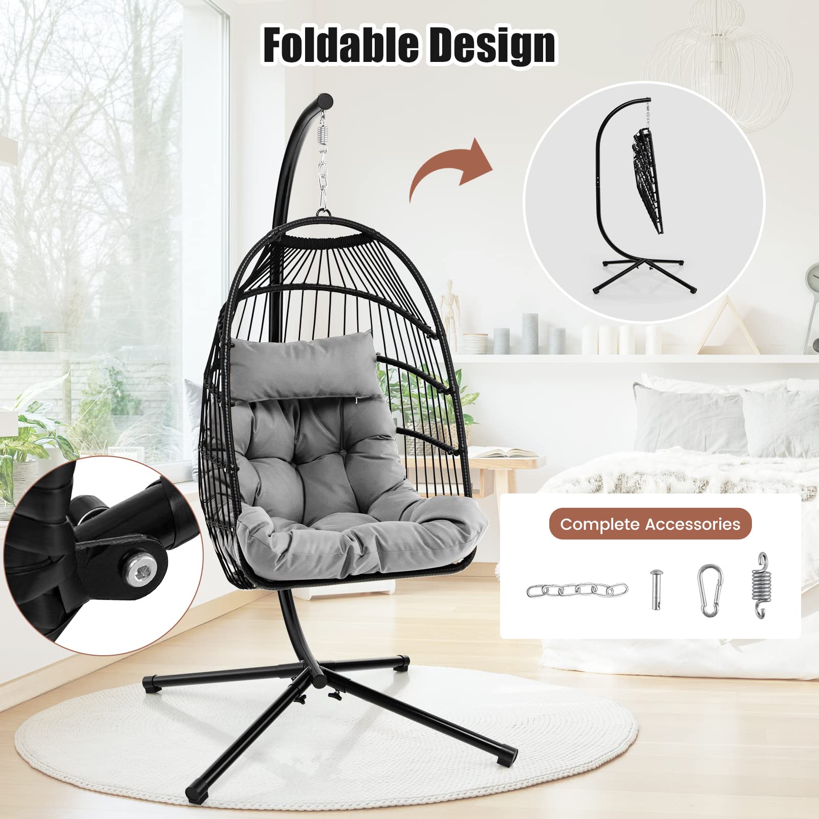 Giantex Egg Chair with Stand, Hanging Basket Chair Hammock Chair w/ Steel Stand Pillow Seat Cushion Rattan Basket & Dust Cover